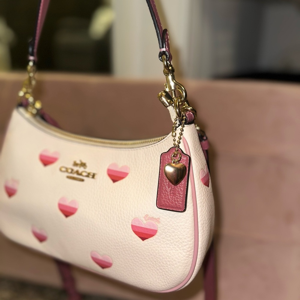 Coach Pink and Cream Heart-Patterned Shoulder Bag